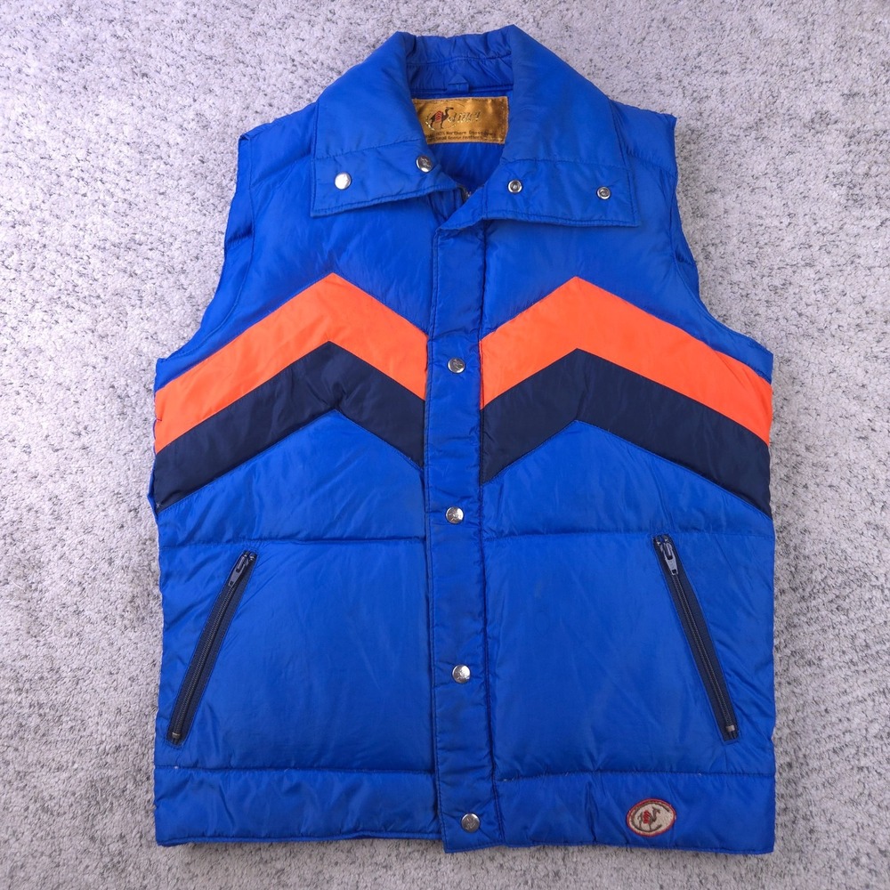 Vintage Down Vest Men Medium Goose Quilted Insulated Geometric Camel Blue Orange